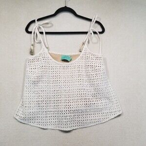 Judith March M Tank Top Eyelet Lace White Cropped Tie Shoulder Cottagecore Beach